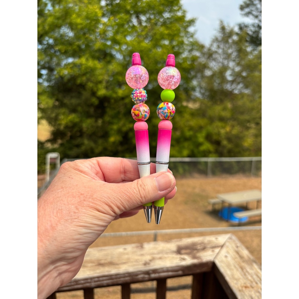 Set of 2 Handmade Beaded Ombre Ballpoint Pens Pink Lime Green Glitter Confetti